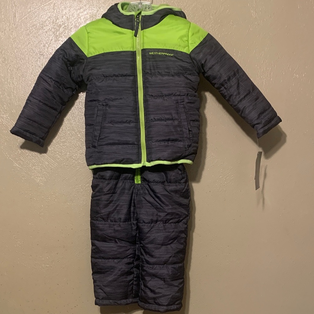 Weatherproof 24M Kids' 2-pc Jacket Overalls Snowsuit Black Neon Green NWT